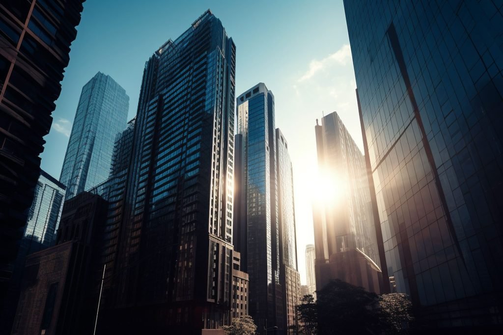 tall-steel-skyscraper-reflects-blue-twilight-sunlight-glow-generated-by-ai